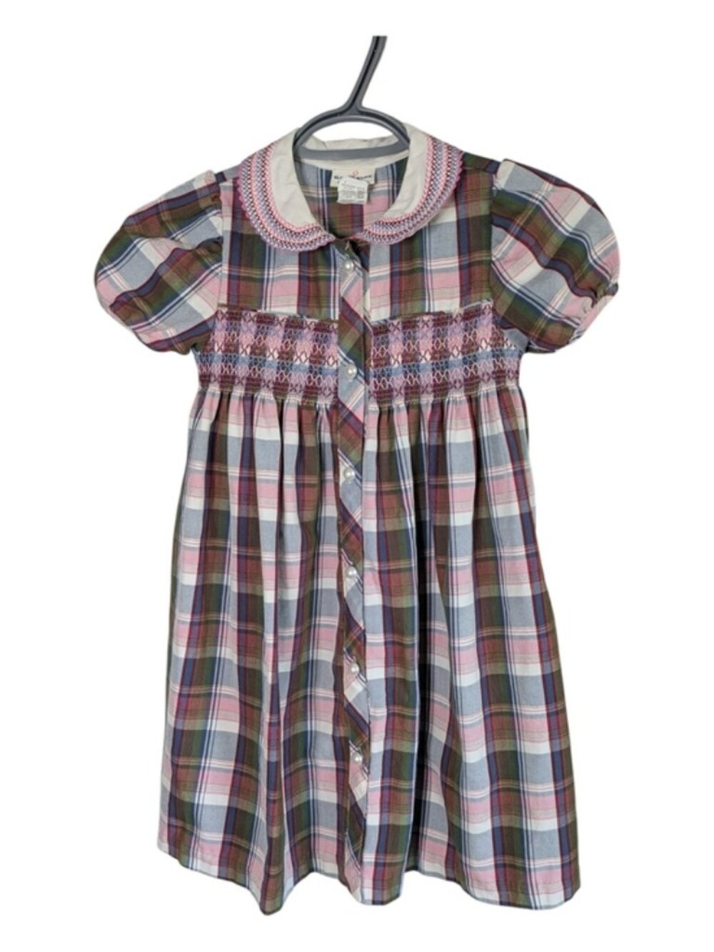 B.T. Kids Vintage Smocked Plaid Dress Peter Pan Collar Button Front Size 6